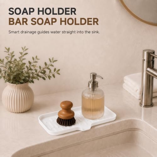 CAKETIME 2 Pack Silicone Soap Dish with Drain Spout for Bathroom Shower Caddy Kitchen Counter Sponge Holder Saver Tray Sink Drying Accessories Office Generic Items Jabonera Women Gifts White Medium - Image 4