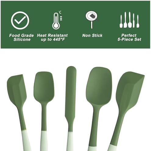 Silicone Spatula Set,5 Piece Food Grade Rubber Spatulas,Double-Green - Image 3
