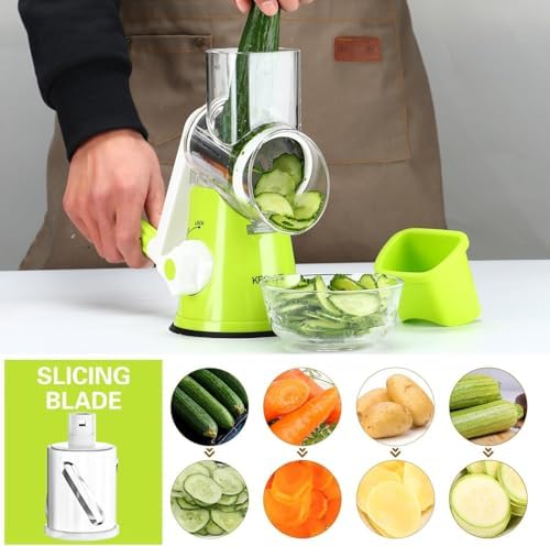 Cambom Rotary Cheese Grater Hand Crank Cheese Shredder for Fresh Cheese, Vegetable, Nuts,Non-slip Suction Base，Three Blades,Green - Image 4