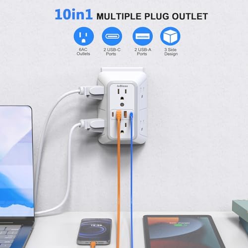 JcBlaon Outlet Extender Surge Protector - 6 Outlet Splitter with 4 USB Ports (2 USB C), Multiple Plug Expander Wall Charger, 3 Sided Multi Plug Wall Adapter Power Strip for Home Office Kitchen Travel - Image 2