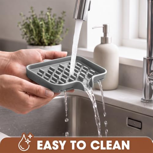 CAKETIME 2 Pack Silicone Soap Dish with Drainage Holes for Bathroom Shower Caddy Kitchen Counter Bar Sponge Holder Drying Rack Sink Organizer Apartment Home Household Necessities Light Gray - Image 4