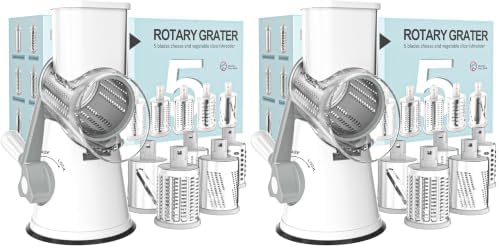 Cambom Rotary Cheese Grater Hand Crank Cheese Shredder for Fresh Cheese, Vegetable, Nuts,Non-slip Suction Base, Five Blades, White (Pack of 2) by Cambom