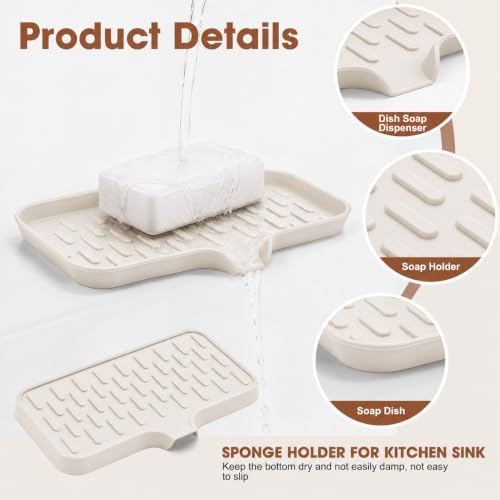 CAKETIME 2 Pack Silicone Soap Dish with Drain Spout for Bathroom Shower Caddy Kitchen Counter in-Sink Sponge Holder Dispenser Countertop Accessories Home Practical Daily Household Stuff Beige Medium - Image 5