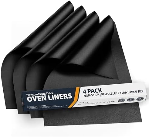 Oven Liners for Bottom of Oven - 4 Pack Large Heavy Duty Mats, 17”x25” Non-Stick Reusable Liner for Electric, Gas, Toasters, Grills - BPA & PFOA Free Kitchen Accessory to Keep It Clean (Black) by LindasEssentials