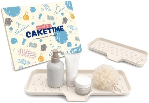 CAKETIME 2 Pack Silicone Soap Dish with Drain Spout for Bathroom Shower Caddy Kitchen Counter in-Sink Sponge Holder Dispenser Countertop Accessories Home Practical Daily Household Stuff Beige Large by CAKETIME
