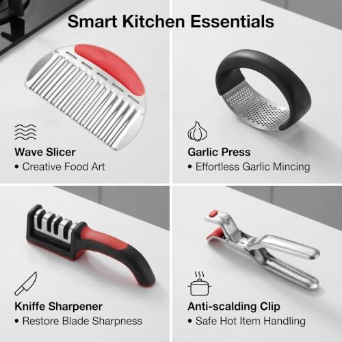 13-Piece Kitchen Gadget Set (Includes Storage Basket) — Features Kitchen Shears, Garlic Press, Knife Sharpener, Julienne Peeler, Standard Peeler, Anti-Scald Tongs (13 PCS) - Image 4