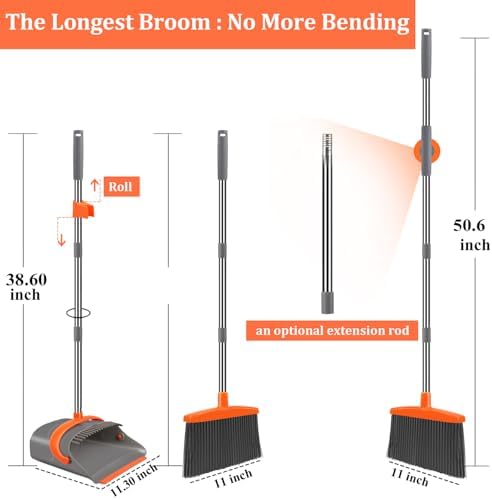 Ivandar Broom and Dustpan Set for Home, Broom and Dustpan Combo for Office, Long Handle Broom with Upright Standing Dust pan,Indoor&Outdoor Sweeping (Gray&Orange) - Image 2