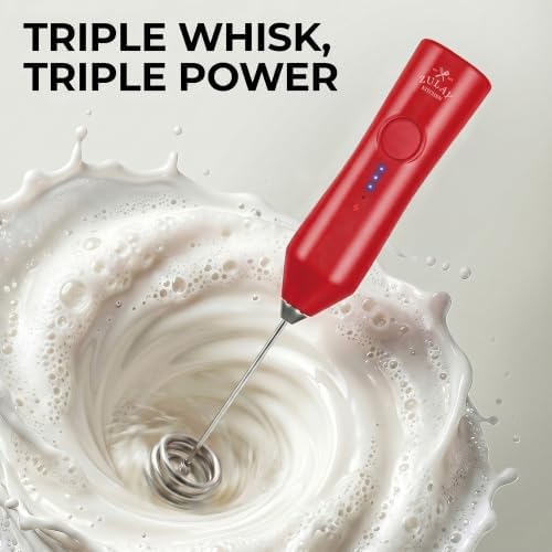 Zulay Kitchen Rechargeable Milk Frother Handheld - Frother Wand, Drink Mixer, Electric Whisk Frother, for Cappuccinos, Matcha & Protein Powder - Dynamic Triple Whisk, 3 Speed 500mAh Red - Image 2