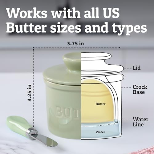 Priority Chef Butter Crock with Lid for Countertop with Spreader Knife and Water Line, Soft Spreadable Butter, Ceramic French Butter Dish with Lid, Sage - Image 5
