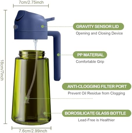 YARRAMATE 16oz/470ml Dark Green Oil Sprayer for Cooking with Stickers, Food-grade Premium 2 in 1 Olive Oil Dispenser Bottle for Kitchen Gadgets, Air Fryer, Salad, Frying, BBQ (Navy) - Image 2