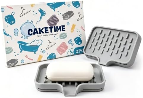 CAKETIME 2 Pack Silicone Soap Dish with Drainage Holes for Bathroom Shower Caddy Kitchen Counter Bar Sponge Holder Drying Rack Sink Organizer Apartment Home Household Necessities Light Gray by CAKETIME