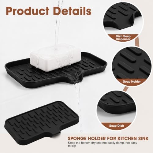 CAKETIME 2 Pack Silicone Soap Dish with Drain Spout for Bathroom Shower Caddy Kitchen Counter Sponge Holder Bar Sink Organizer Gadgets Gears Items Self Draining Jabonera Stuff Black Medium - Image 5