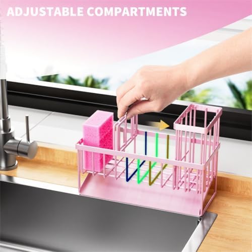 Cisily Pink Kitchen Sink Caddy Organzier with High Brush Holder, Sponge Holder for Sink, 304 Rustproof Stainless, Kitchen Countertop Soap Dispenser Organizer - Image 5