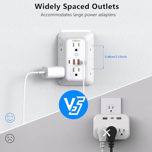 2 Pack Outlet Extender Surge Protector, 6 Outlet Splitter with 4 USB Outlet (2 USB A,2 USB C), 3Sided Power Strip with Adapter Spaced Outlets for Home, Office, Travel(White)-ETL - Image 5
