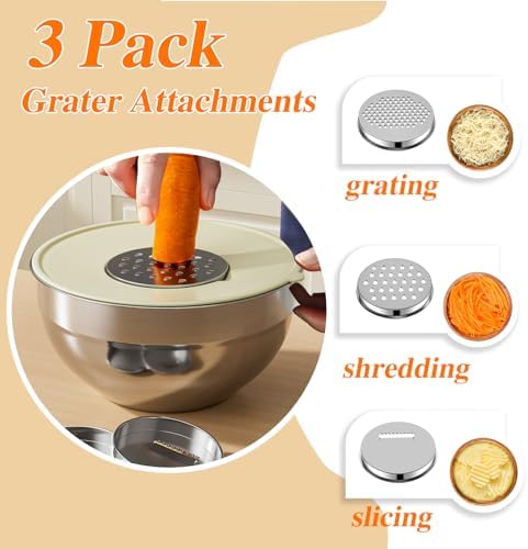 Mixing Bowls with Lids Set, 6 PCS Stainless Steel Mixing Bowls with 3 Grater Attachments, Kitchen Food Storage Organizers Nesting Mixing Bowl, Large Size 4.5, 3.5, 2.1, 1.5, 1.1, 0.7QT - Image 3