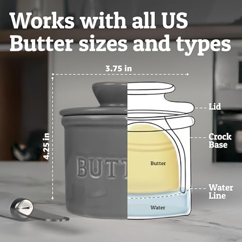Priority Chef Butter Crock with Lid for Countertop with Spreader Knife and Water Line, Soft Spreadable Butter, Ceramic French Butter Dish with Lid, Grey - Image 5