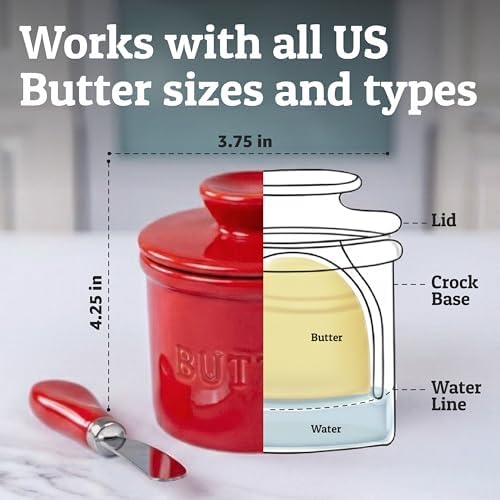 Priority Chef Butter Crock with Lid for Countertop with Spreader Knife and Water Line, Soft Spreadable Butter, Ceramic French Butter Dish with Lid, Red - Image 5