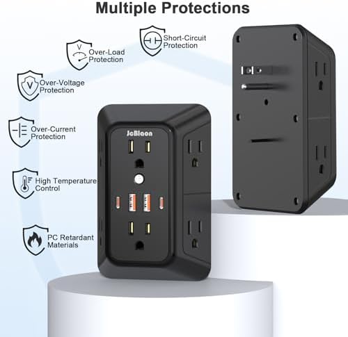 2 Pack Multi Plug Wall Outlet Extender Surge Protector 6 AC Outlet Splitter with 4 USB Ports(2 USB C) Wall Charger 1050J Power Strip 125V/15A, 1875W for Home, Office, Travel Dorm Room Essentials-ETL - Image 6