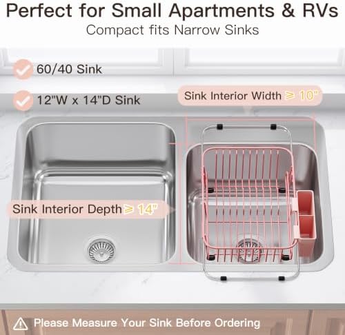 JASIWAY Pink Dish Drying Rack in Sink with Utensil Holder, RV, Apartment - Image 3