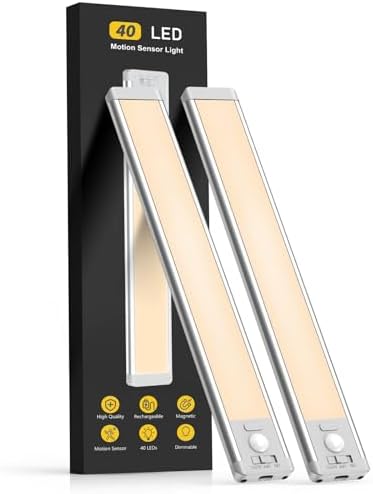MCGOR 10inch Under Cabinet Lighting, 2 Pack Rechargeable Motion Sensor Light Indoor, 5 Levels Dimmable Magnetic Closet Lights, Wireless Under Counter Lights for Kitchen, Stairs by MCGOR