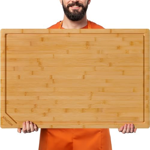 Kikcoin 30”×20” Bamboo Cutting Boards for Kitchen, Heavy Duty Wooden Cutting Boards, Healthy Extra Large Chopping Boards with Deep Juice Groove and Handle, Oversized Stove Top Cover, Natural by Kikcoin
