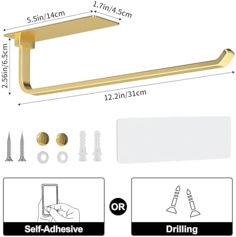 Paper Towel Holder Under Cabinet, Self-Adhesive or Drilling, Gold - Image 5