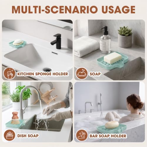 CAKETIME 2 Pack Silicone Soap Dish with Drainage Holes for Bathroom Shower Caddy Kitchen Counter Sponge Holder Bar Sink Organizer Suction Cup Dispenser Shampoo Hanging Office Tools Storage New Green - Image 5