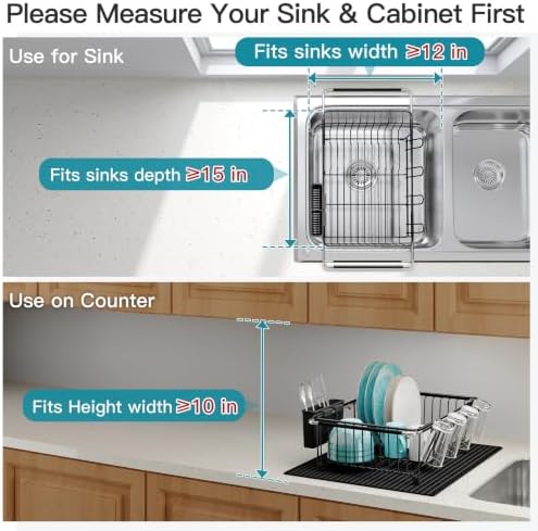 JASIWAY Black Dish Drying Rack in Sink with Mat, Cups and Utensil Holder - Image 5