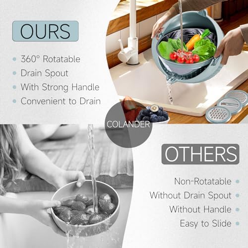 4-1 Strainer with Bowl & Spoons Set - Strainers and Colanders(Patented) - Colanders for kitchen - Food Strainer with New Upgraded Graters & Spoons - Fruit Bowl for Pasta Fruits Veggie- Blue - Image 4