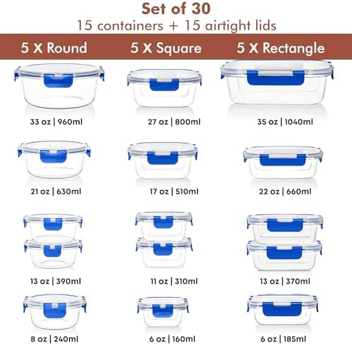 Razab 30 PC Glass Food Storage Containers with Lids - Reusable Glass Meal Prep Containers for Lunch and Leftovers - Airtight & Leakproof Snap Locking Lids - Oven, Freezer, Microwave, Dishwasher Safe - Image 2