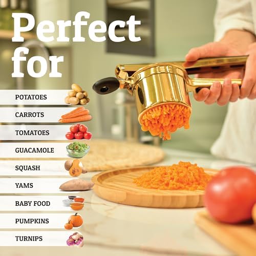 PriorityChef Large 15oz Potato Ricer, Heavy Duty Stainless Steel Potato Masher and Ricer Kitchen Tool, Press and Mash Kitchen Gadget For Perfect Mashed Potatoes - Everytime, Gold and Black - Image 5