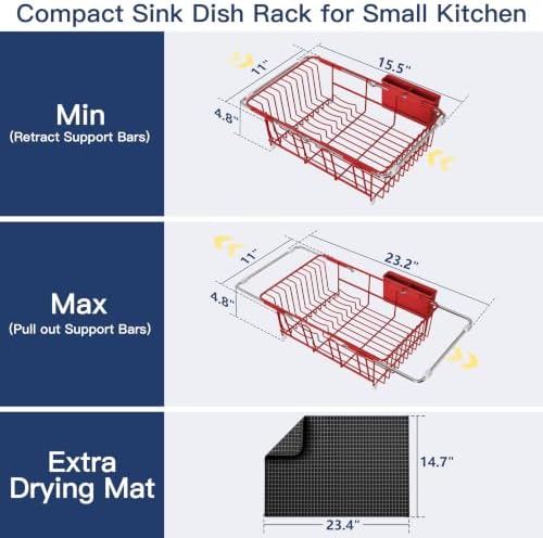 JASIWAY Red Dish Drying Rack in Sink with Mat, Cups and Utensil Holder - Image 6