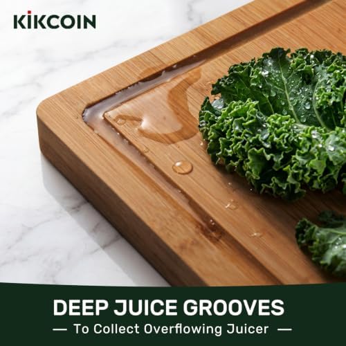 Kikcoin 17”×11” Deep-Carbonized Bamboo Cutting Boards for Kitchen, Healthy Wooden Cutting Boards for Kitchen, Charcuterie, Vegetables, Extra Large Chopping Boards with Deep Juice Groove and Handle - Image 4