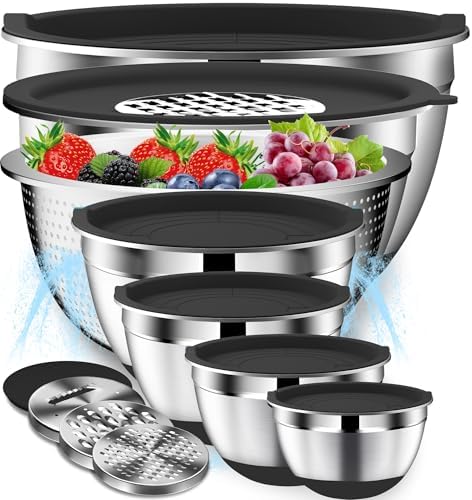 DUTZUN Mixing Bowls with Lids Set - 16pcs Stainless Steel Mixing Bowl Set with Colander, 3 Grater Attachments, Non-Slip Bottom, Metal Nesting Bowls with Strainer for Mixing & Serving - Black by DUTZUN