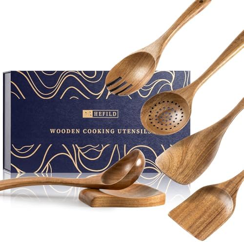 Wooden Spoons for Cooking, 6-Piece Acacia Wood Utensil Gift Set by HEFILD