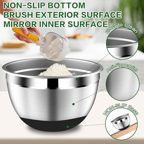 DUTZUN Mixing Bowls with Lids Set - 16pcs Stainless Steel Mixing Bowl Set with Colander, 3 Grater Attachments, Non-Slip Bottom, Metal Nesting Bowls with Strainer for Mixing & Serving - Black - Image 6