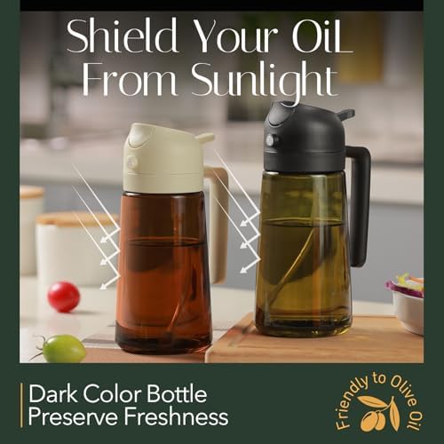 YARRAMATE 16oz/470ml Light-Blocking Dark Oil Sprayer for Cooking, 2 in 1 Olive Oil Dispenser Bottle for Kitchen, Premium Dark Green Glass Oil Bottle, Food-Grade Oil Mister for Air Fryer, BBQ (Pomelo) - Image 2