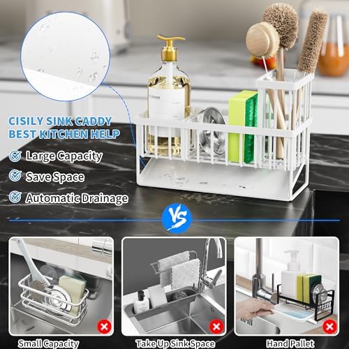 Cisily Sink Caddy Sponge Holder - Stainless Steel Rustproof, High Brush Holder, Dish Sponge Organizer with Divider (White) - Image 2