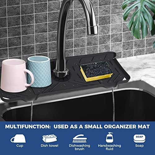 Silicone Faucet Handle Drip Catcher Tray Mat, Silicone Faucet Mat, Dish Soap Sponge Holder for Kitchen Sink Accessories, Drying Mat for Kitchen Counter & Bathroom Kitchen Sink Splash Guard (Black) - Image 3