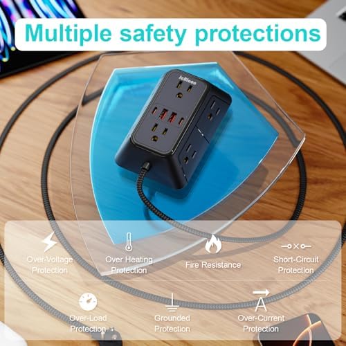 Surge Protector Power Strip with 6 Widely AC Outlets 4 USB Ports(2 USB C), 5 Ft Braided Power Cord, 3-Side Outlet Extender with Overload Protection for Office, Home, Travel Essential-Black-ETL - Image 6
