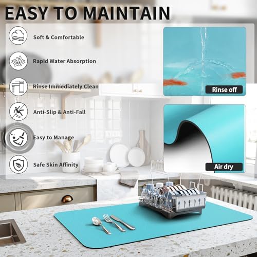 HotLive Dish Drying Mat for Kitchen Counter, Heat Resistant Drainer Mats with Non-slip Rubber Backed, Hide Stain Kitchen Super Absorbent Draining Mat, Easy to Clean Dish Rack Pad, Teal 16"x20" - Image 4