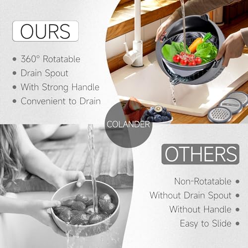 4-1 Colander with Lid Set - Rotatable Strainer With Bowl(Patented), Pasta Strainer with New Upgraded Graters, Strainer And Colanders, Fruit Cleaner, Veggie Wash, Apartment Kitchen Gadgets - Grey - Image 4