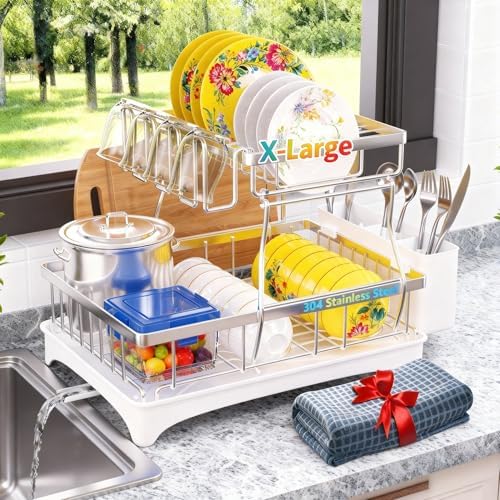 Godboat 2-Tier Dish Drying Rack - 304 Stainless Steel Dish Rack Auto Drain by Godboat