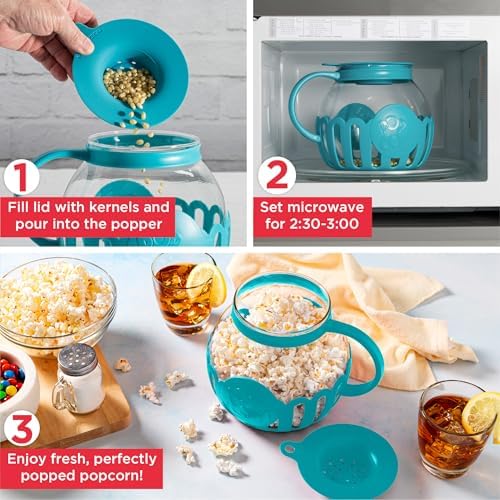 Ecolution Patented Micro-Pop Microwave Popcorn Popper with Temperature Safe Glass, 3-in-1 Lid Measures Kernels and Melts Butter, Made Without BPA, Dishwasher Safe, 3-Quart, Teal - Image 3
