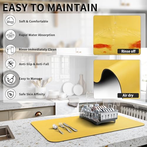 HotLive Dish Drying Mat for Kitchen Counter, Heat Resistant Drainer Mats with Non-slip Rubber Backed, Hide Stain Kitchen Super Absorbent Draining Mat, Easy to Clean Dish Rack Pad, Yellow 18"x24" - Image 4