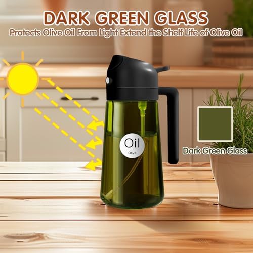 YARRAMATE 16oz/470ml 2PCS Light Blockage Dark Oil Sprayer for Cooking, 2 in 1 Olive Oil Dispenser Bottle for Kitchen, Green Glass Oil Bottle, Food-Grade Oil Mister for Air Fryer, BBQ (Black & White) - Image 2