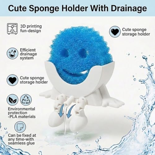 Creative Drainage Sponge Holder: Traceless Glue, 3D Printed Funny Kitchen Sink Holder, Keeps Sponge Dry – for Scrub Daddy (1, White) - Image 2