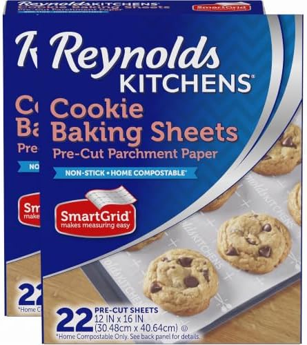 Reynolds Kitchens Cookie Baking Sheets, Pre-Cut Baking Parchment Paper Sheets for Cookies, Oven-Safe up to 425 Degrees, Reusable Up to 3X, No-Mess Cleanup, 12 in x 16 in, 22 Count (Pack of 2) by ReynoldsConsumerProducts
