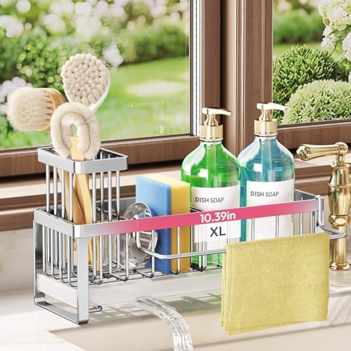 SWTYMIKI Sponge Holder for Kitchen Sink - Sink Caddy with Brush Holder Self-draining Sponge Caddy Organizer with Divider Stainless Steel Kitchen Accessories Storage for Countertop, Silver - Large by SwtyMiki-TidyHomeSweetLife
