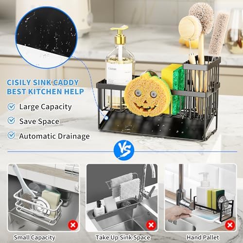 Cisily Kitchen Sink Caddy Organzier with High Brush Holder, Sponge Holder for Sink, 304 Rustproof Stainless, Kitchen Countertop Soap Dispenser Organizer (Black With Smiley Face Holder, 9.25″) - Image 3